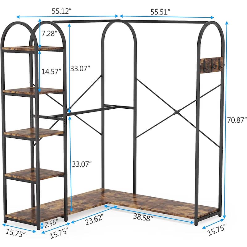 L Shaped Corner Garment Rack Clothing Rack with Storage Shelves and Side Hooks