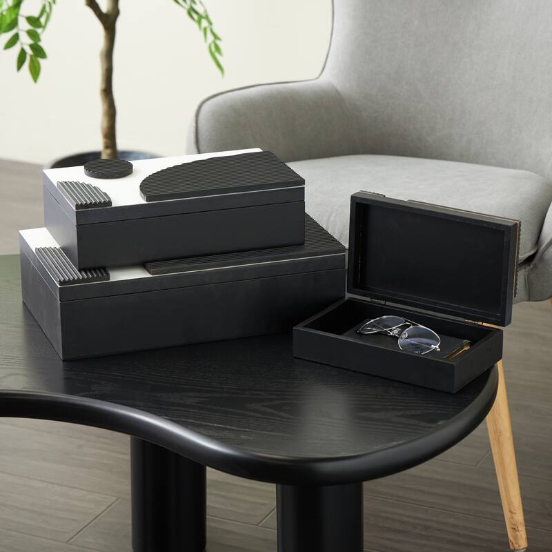Black Wood Handmade Decorative Box with 3D Geometric Accents (Set of 3) - 9"W x 15"L x 4"H