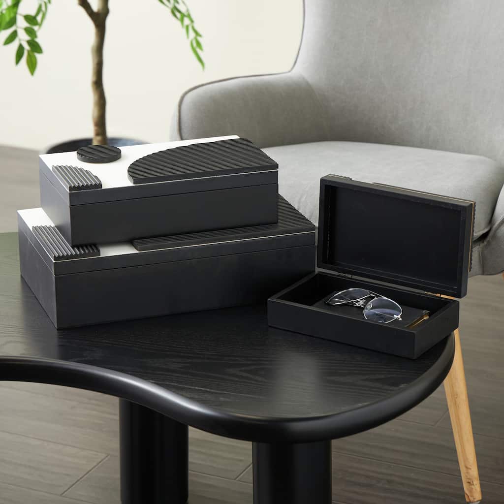 Black Wood Handmade Decorative Box with 3D Geometric Accents (Set of 3) - 9"W x 15"L x 4"H