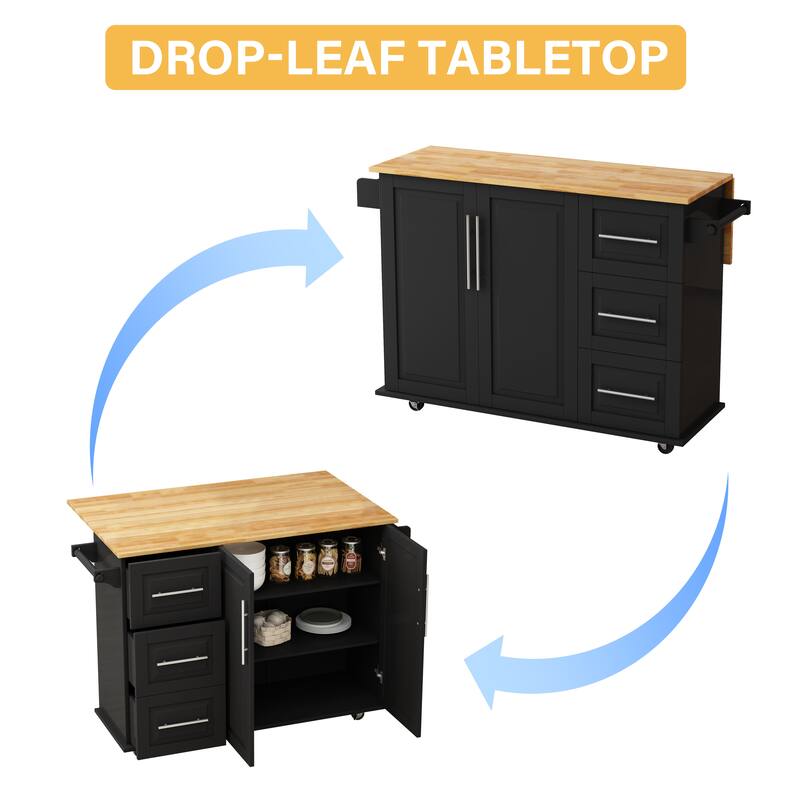 Rolling Kitchen Island Cart with Expandable Solid Wood Top, 2 Door Cabinet, 3 Drawers, Spice & Towel Rack for Kitchen Storage