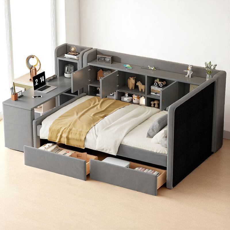Multi-Functional Twin Daybed with Storage Drawers, Shelves, Flip Cabinets, and Side Table for Small Rooms