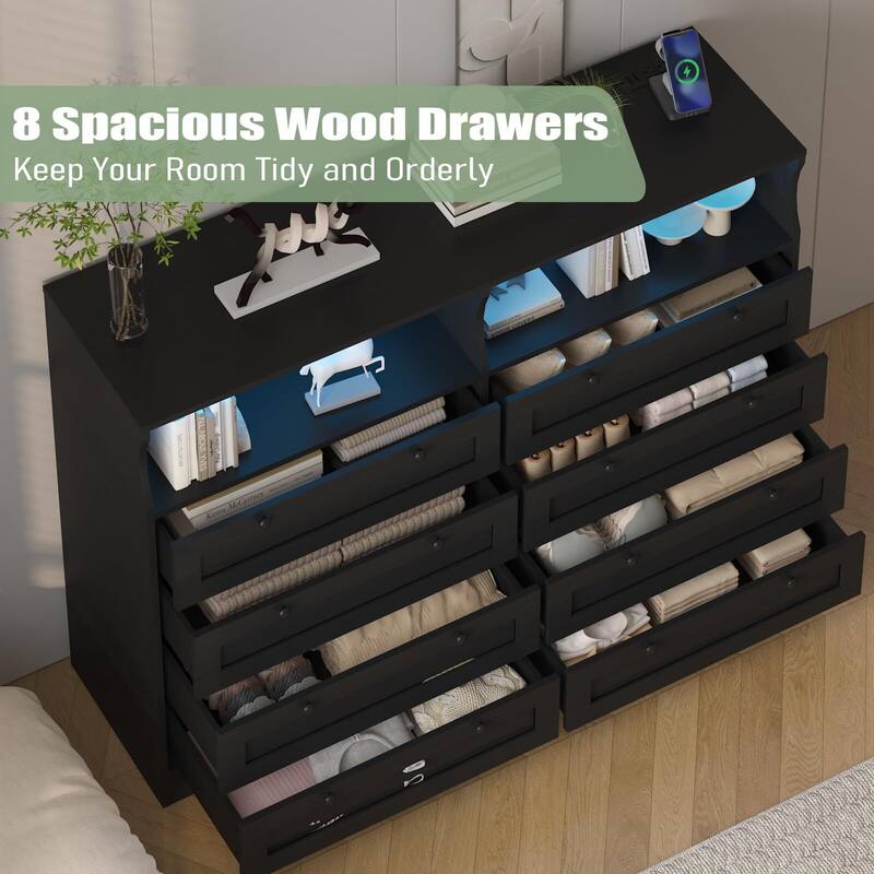 8 Drawers Wooden Dressers for Bedroom Living Room, Hallway, Wood Dressers with Led Lights and Charging Station