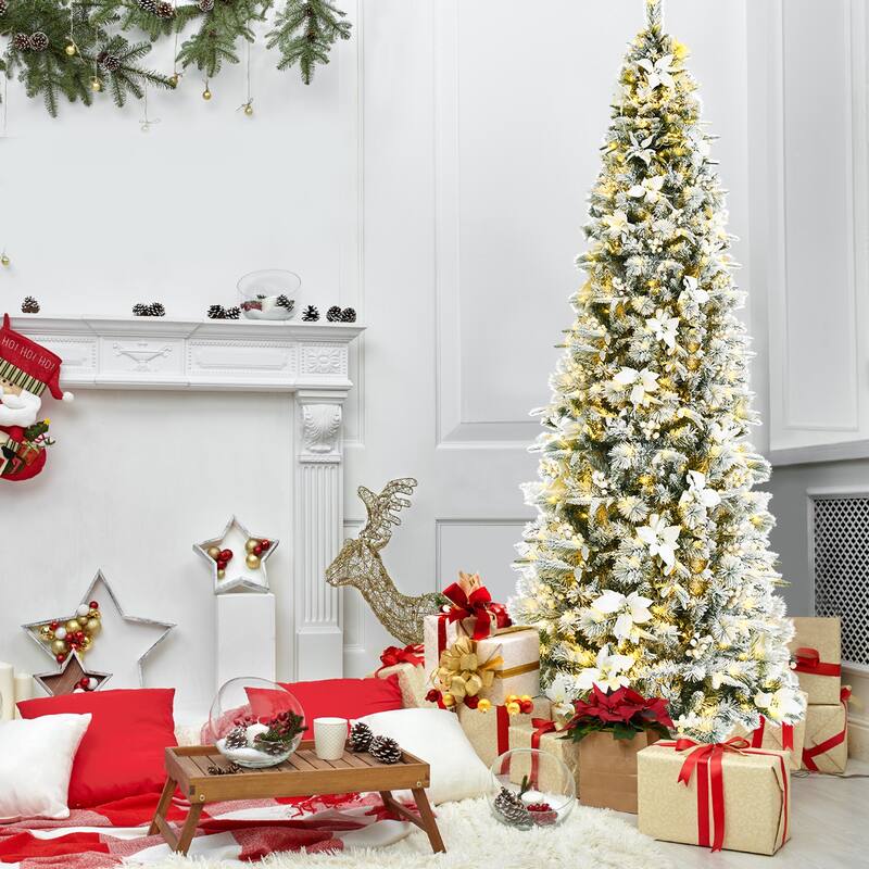 Gymax 5/6/7/8 FT Pre-Lit Artificial Snow-Flocked Christmas Tree Hinged - See details