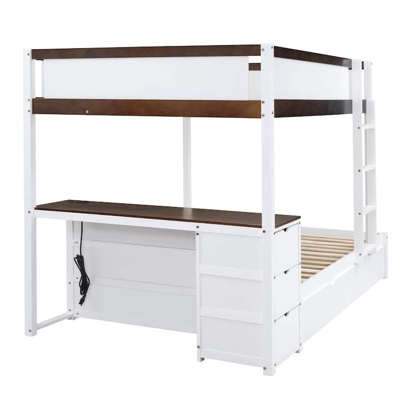 Full-Over-Full Bunk Bed with Twin size Trundle, Storage and Desk, White+Walnut