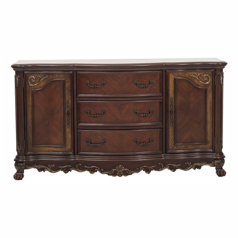 2 Doors Cabinet Wooden Buffet with 3 Drawers and Claw Feet, Cherry Brown