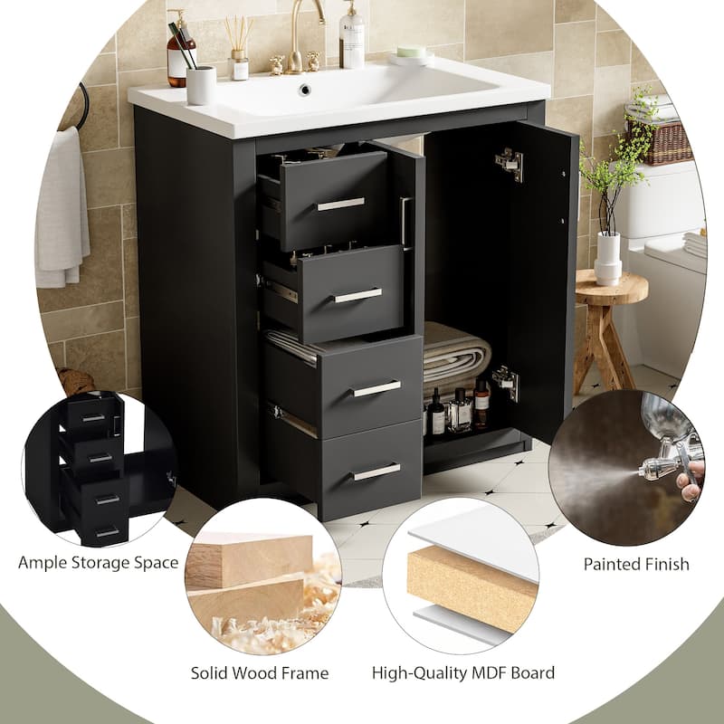 30'' Bathroom Vanity with Sink, Solid Wood Frame, 3 Drawers & 2 Soft-Close Doors, Freestanding Cabinet