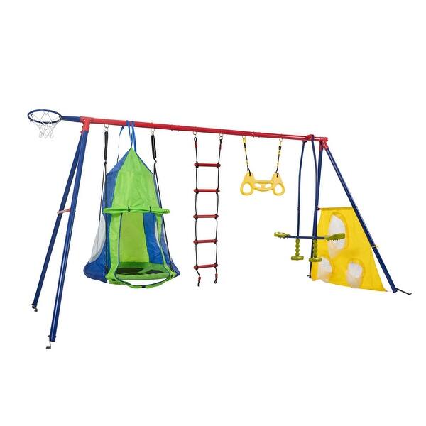 slide 2 of 9, 6 in 1 Steel Outdoor Backyard Children Swing Set with Hanging Ring - 6-in-1 6-in-1