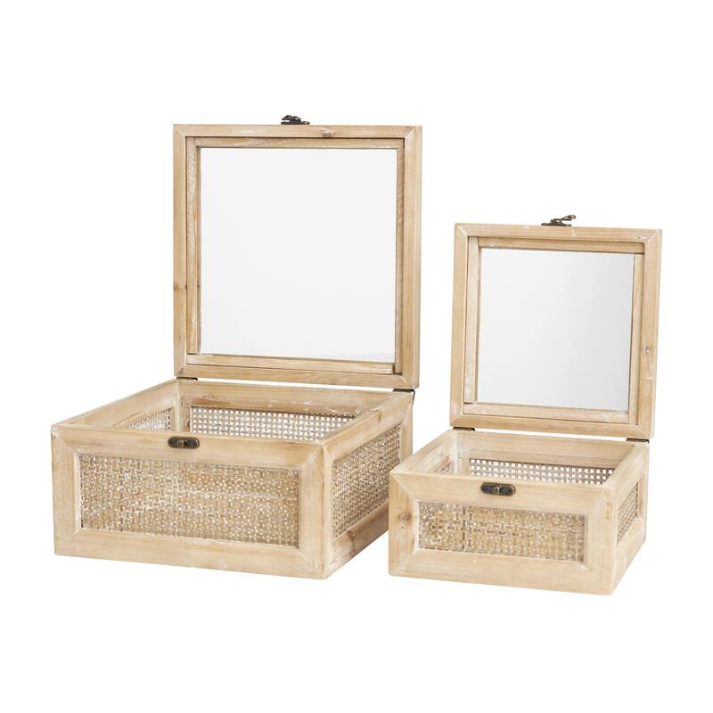 Wood Glass Top Box with Rattan Side Panels and Bronze Hook Closures - Set of 2 Light Brown - Roche River Decor