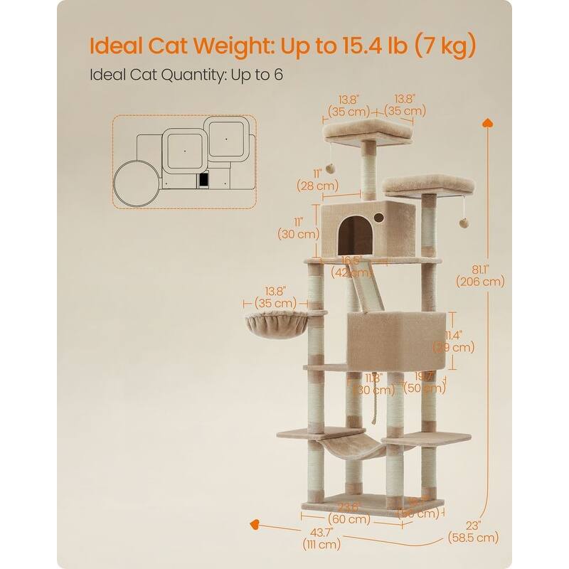 Cat Tree, 66.1-Inch Large Cat Tower with 13 Scratching Posts, 2 Perches, 2 Caves, Basket, Hammock, Pompoms