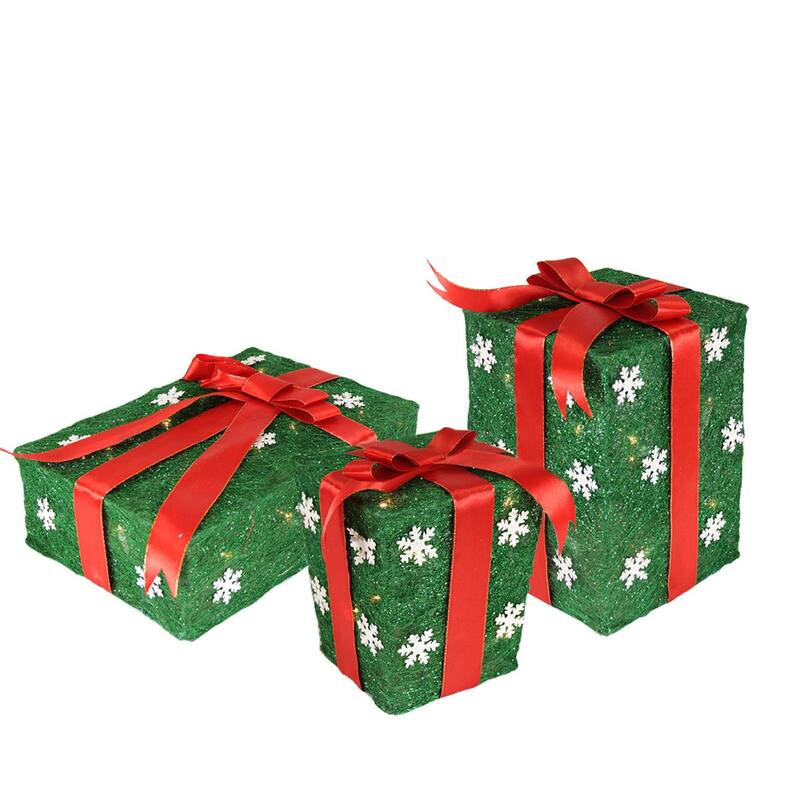 3 Pre-Lit Green Red Gift Boxes Outdoor Christmas Decorations 13"