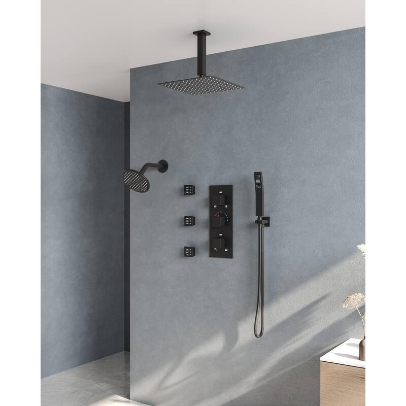 Thermostatic Dual Heads 12" Multi-Function Shower System with 3 Body Sprays - Matte Black