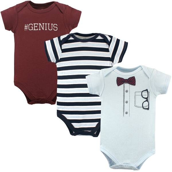 slide 1 of 1, Little Treasure Baby Boy Cotton Bodysuits 3pk, Genius 0-3 Months - Genius Short-Sleeve