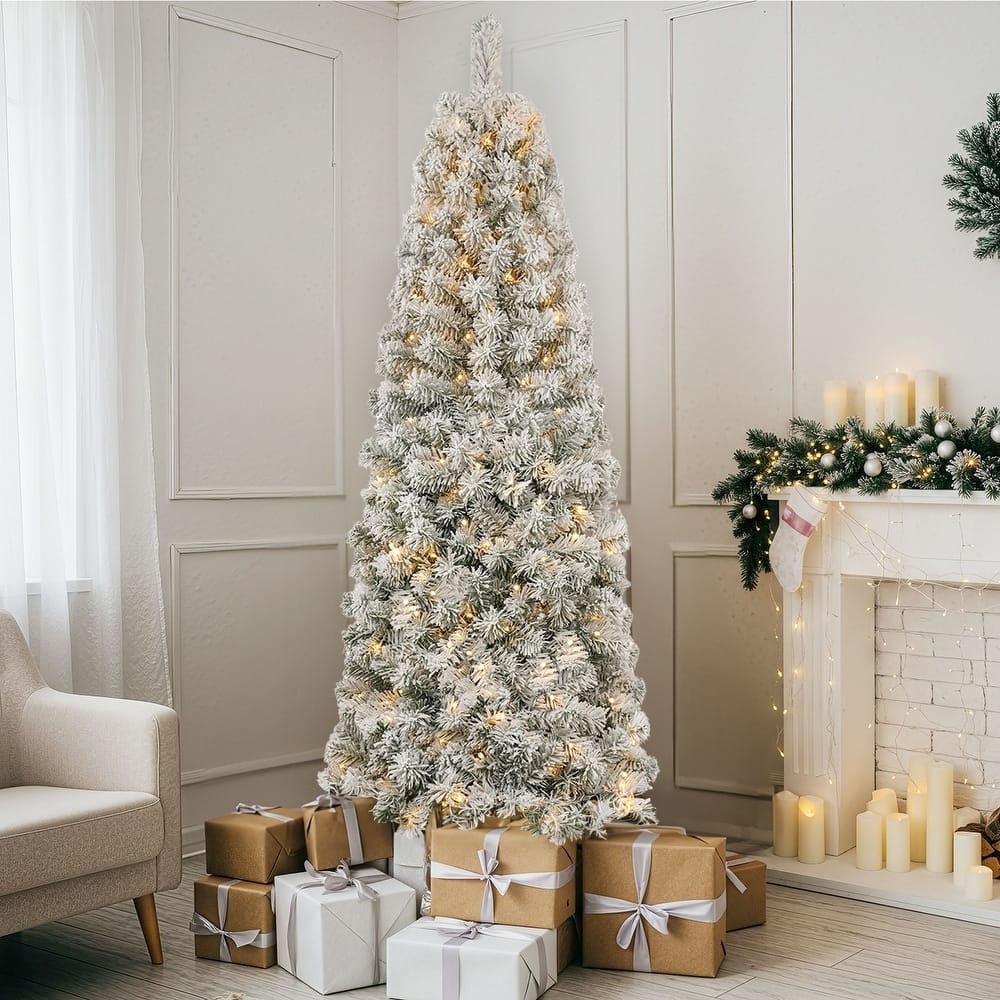 6FT & 7.5FT Pre-Lit Snow-Flocked Artificial Christmas Tree with Warm White Lights