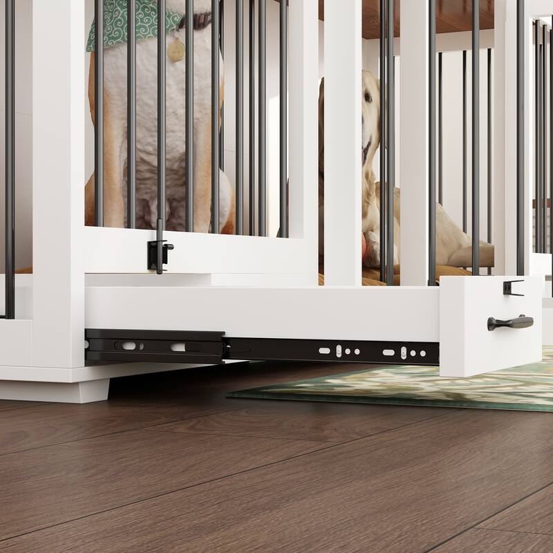 Wooden Dog Crate Furniture for 2 Large Dogs Indoor Pet Crate with Feeding Drawers Top Storage