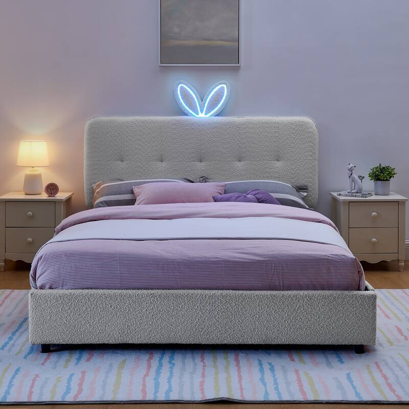 Queen Size Boucle Upholstered Bed with Rabbit Ear Headboard, LED Music Sync & 4 Drawers