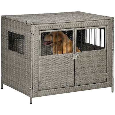 PawHut Rattan Dog Crate with Double Doors, Wicker Dog Cage with Soft Washable Cushion