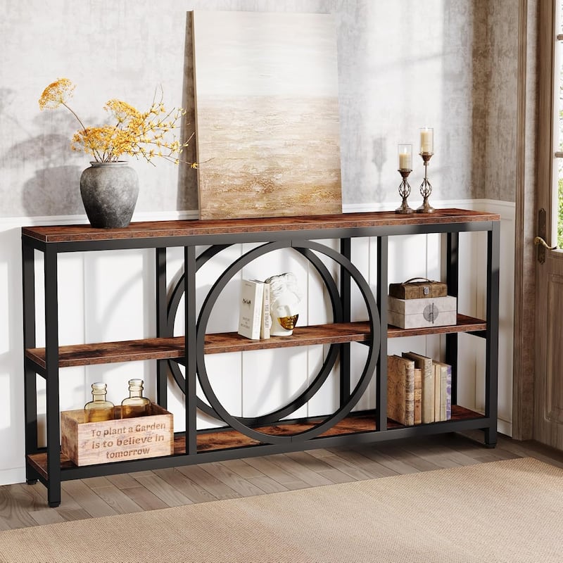 70.9" Extra Long Console Table Sofa Table Behind Couch with Wood Storage Shelves Metal Frame for Entryway/Living Room/Hallway - Brown+Black