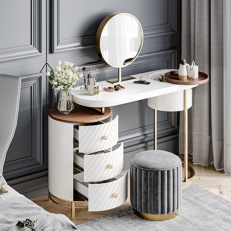 Modern Makeup Vanity Table With LED Lighted Mirror,Dressing Table with Movable Tray Top, 3 Solid Wood Drawer, Without Stool