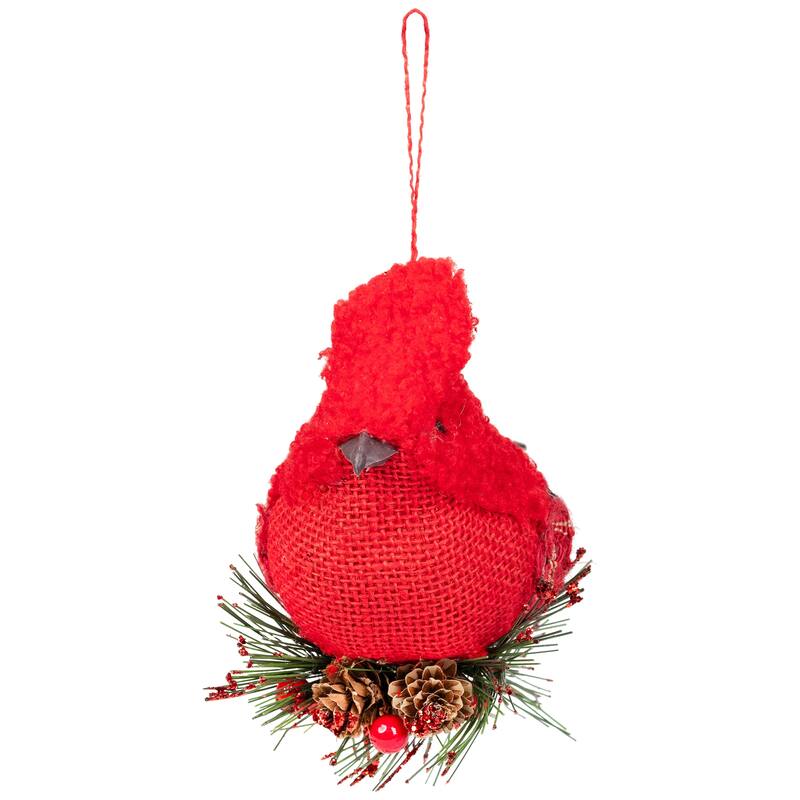 13" Red and Green Plaid Cardinal on Holly Berries Christmas Ornament