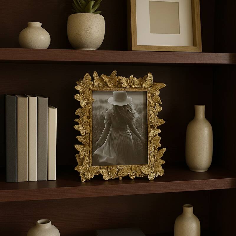 5 in. x 7 in. Gold Polyresin Butterfly in Bloom Photo Frame
