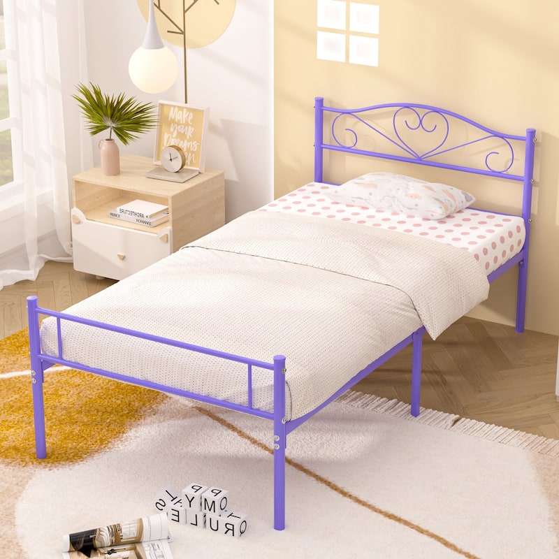 VECELO Twin Size Metal Bed Frame Set of 2, Heavy Duty Platform Beds with Headboard, No Box Spring Needed, Under Bed Storage