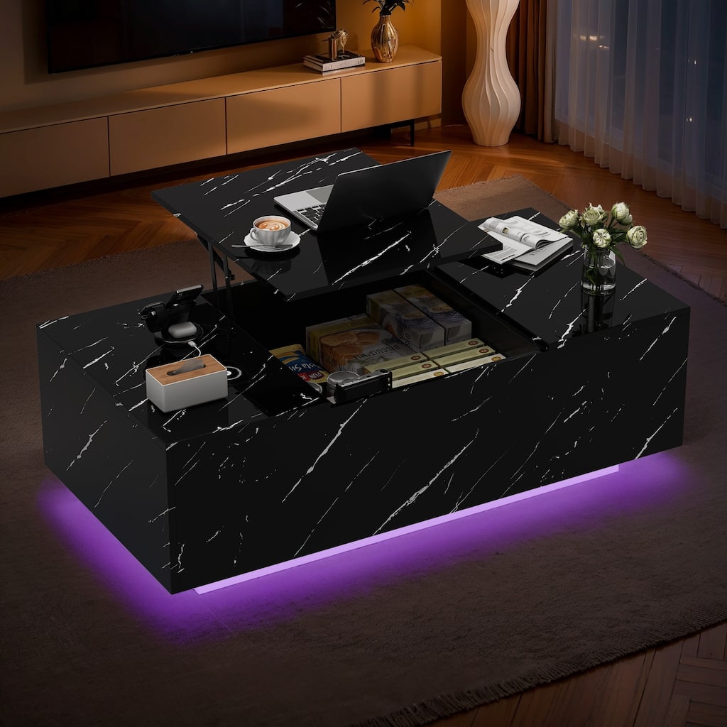 Meyreso Lift-Top Smart Marble Coffee Table with LED Light and Hidden Storage