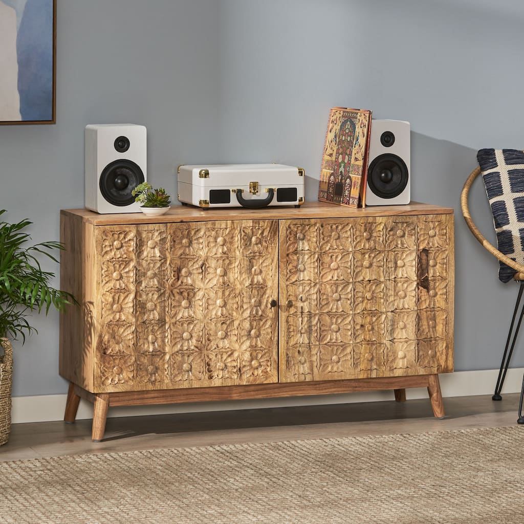 Grimsley Handcrafted Boho Acacia Wood 2 Door Cabinet by Christopher Knight Home - 47.00" L x 16.00" W x 26.50" H