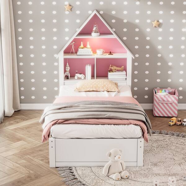 slide 2 of 9, Wooden LED Bed with House Shaped Bookcase Headboard and Twin Size Trundle,Twin Size Bed Frame White+Pink - Twin