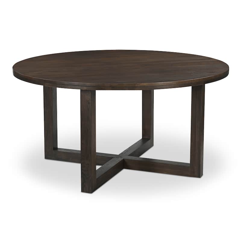 NADAAL STUDIOS Arlisse Dining Table for 6, Round Oak Wood Top, Dual-Layer Top with V-Groove Iron Crossing Base, Dark Brown