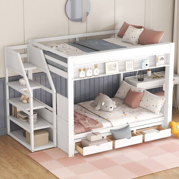 slide 2 of 10, Wood Full Size Convertible Bunk Bed with Storage Staircase, Bedside Table, and 3 Drawers White