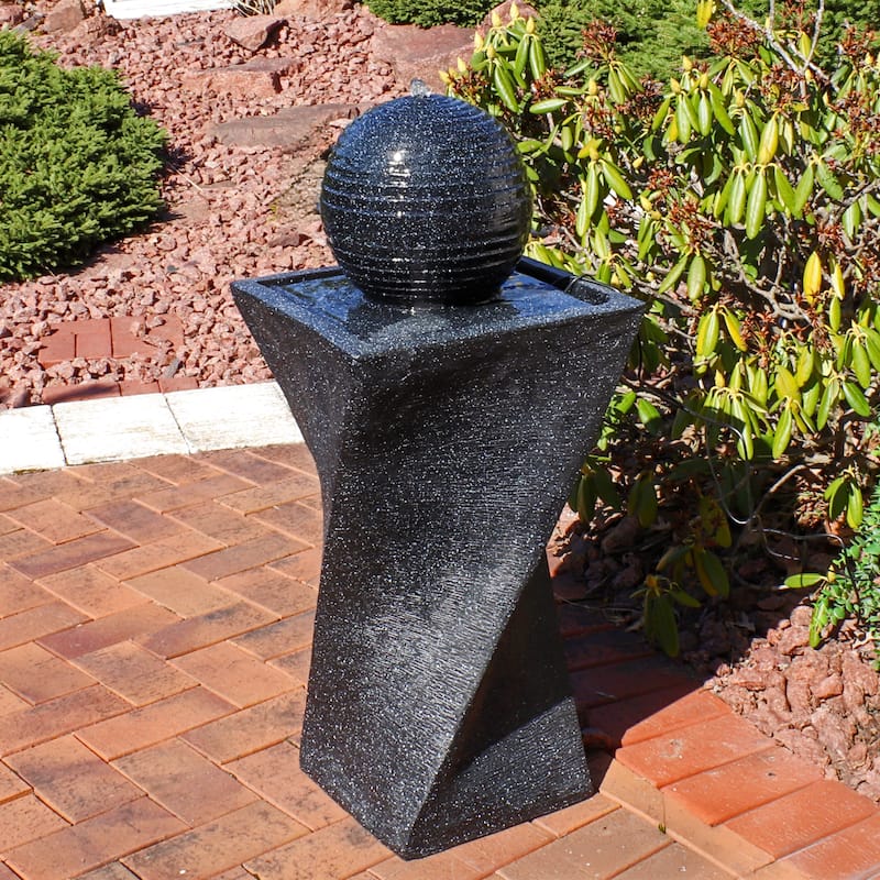 Black Ball Solar Outdoor Water Fountain with Battery - 32" with LED