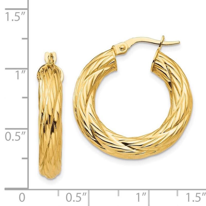 Curata 14k Yellow Gold Hollow Polished Hinged Post Textured Tube Hoop Earrings - 28x28mm
