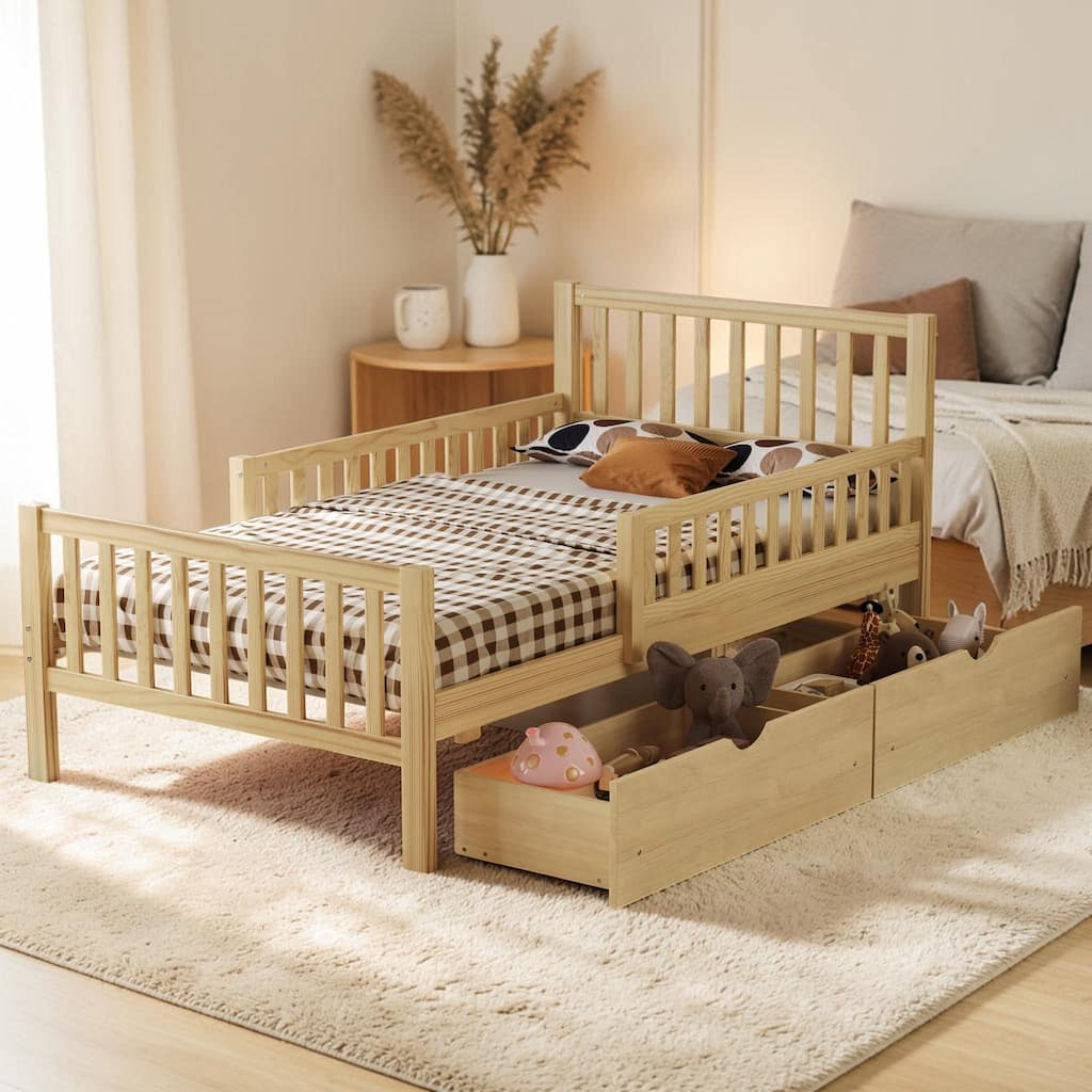 Wood Platform Bed with Guardrails and Storage Drawers, Solid Wood Bed Frame with Slats, Space Saving Design