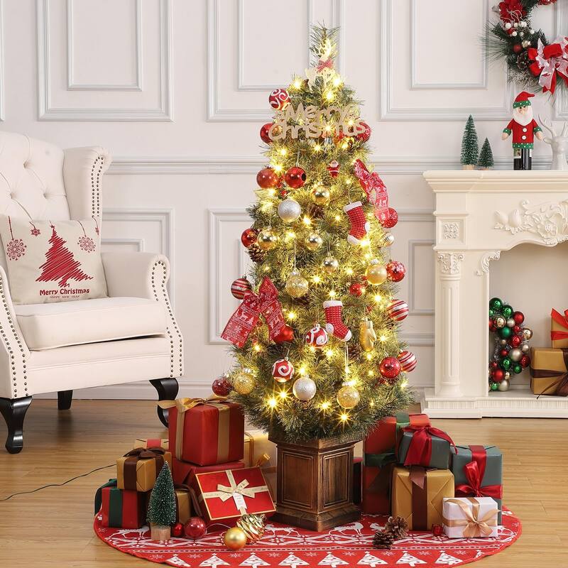 4.5 Ft Artificial Christmas Tree with 200 Warm White LED Lights and Red Berries Potted Base Holiday Xmas Tree