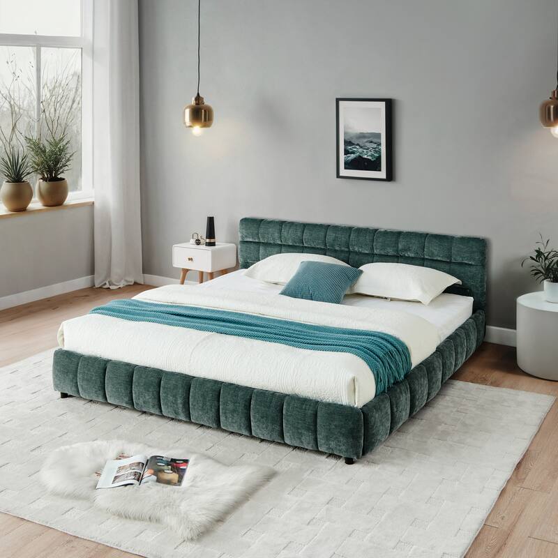 Block Thick Chenille Low Profile Platform Bed Fabric Upholstered Bedframe with Headboard Solid Wood Frame - Optional Storage Bed