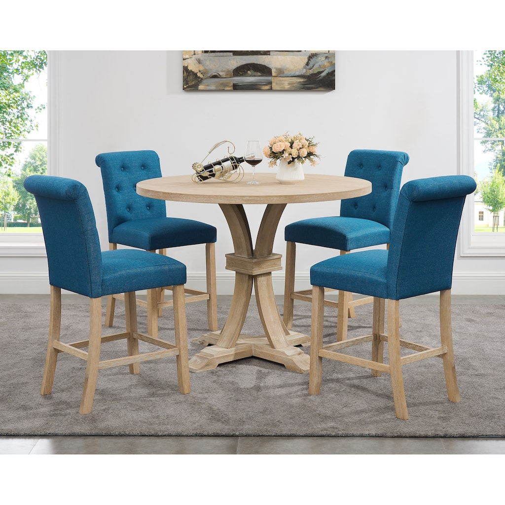 Roundhill Furniture Siena White-washed Finished 5-Piece Counter Height Dining Set, Pedestal Round Table with 4 Chairs