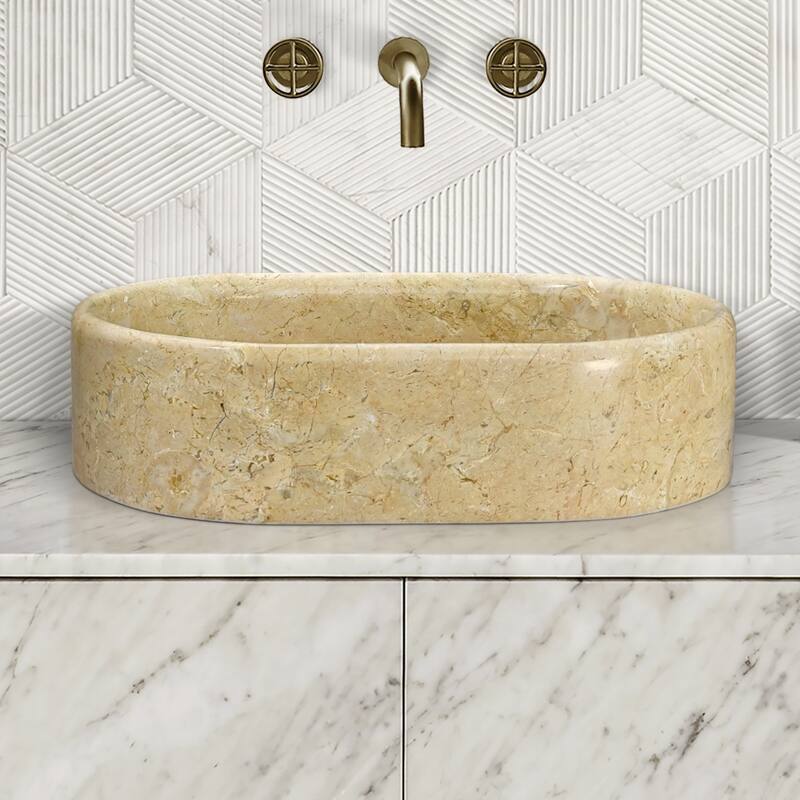 Roomfitters Marble Bathroom Vessel Sink, Natural Stone Countertop Wash Basin, Polished Oval Vanity Sink - Beige+Gold
