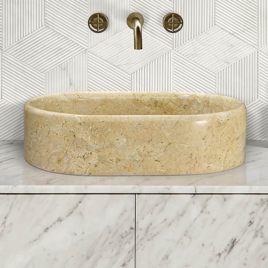 Roomfitters Marble Bathroom Vessel Sink, Natural Stone Countertop Wash Basin, Polished Oval Vanity Sink