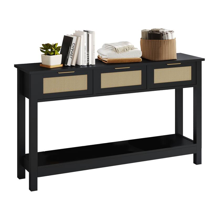 JASIWAY Boho Rattan Console Table Entryway Table Storage Cabinet