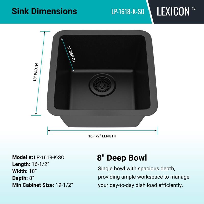 16 Inch Lexicon Platinum Quartz Composite Drop-in Undermount Single Bowl Galaxy Black Kitchen Sink LP-1618-K-SO