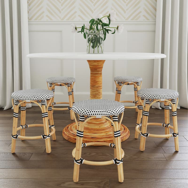 Tobias Rattan Round 18" Accent Stool - White/Black Dot/ Natural Rattan Frame