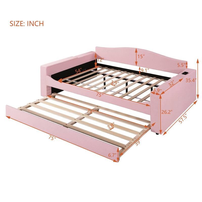 Upholstered Daybed with Storage Armrests, Trundle and Latest Integrated Bluetooth Audio System
