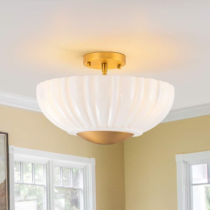 15'' in. W Brass Frosted White Glass Semi Flush Mount Ceiling Light - 15