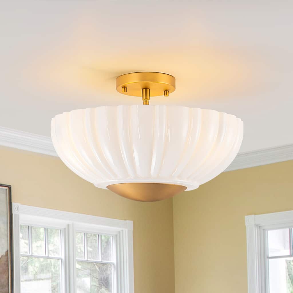 15'' in. W Brass Frosted White Glass Semi Flush Mount Ceiling Light - 15