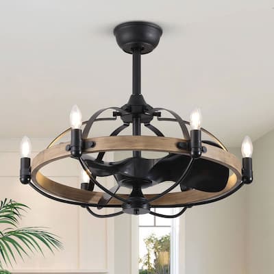 27-Inch Wood Grain Ceiling Fan with Light Remote Control 6-Light Wagon Wheel Farmhouse Ceiling Fans Caged Chandelier Fan