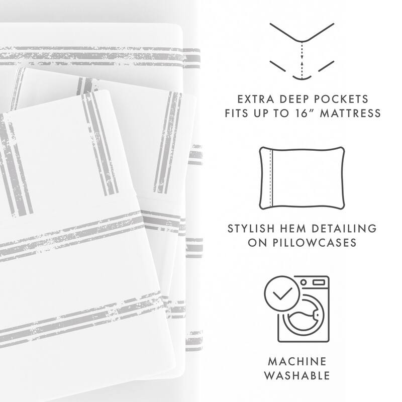 Becky Cameron Distressed Line Pattern 4 Piece Deep Pocket Bed Sheets Set