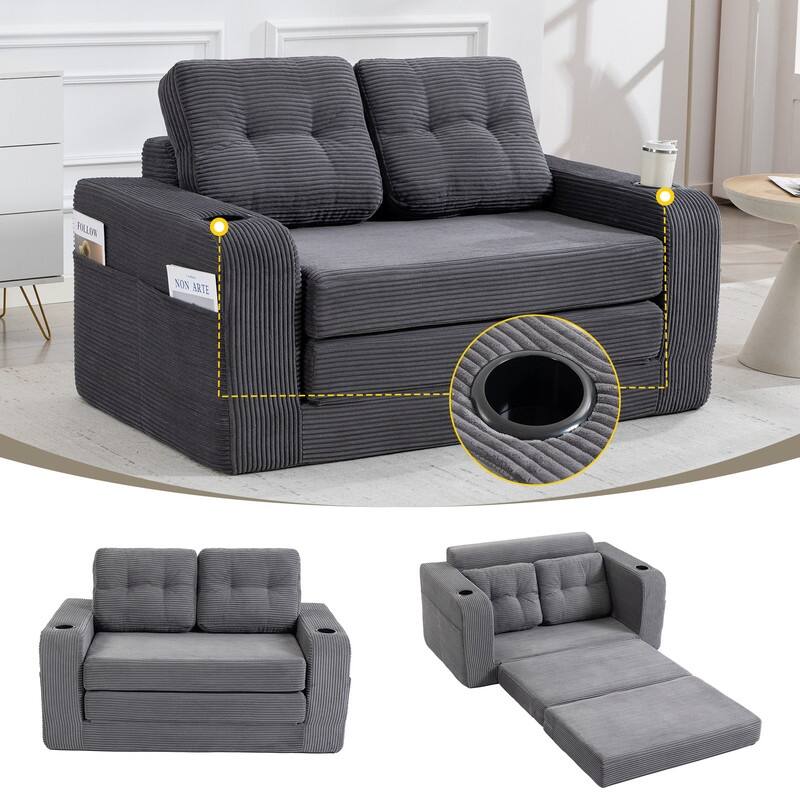 HOMEFUN 2 in 1 Convertible Sofa Bed,Corduroy Upholstered Compressed Sofa Bed for Living Room - Grey