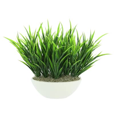 Grass Arrangement in a Round Fiberstone Planter - Green
