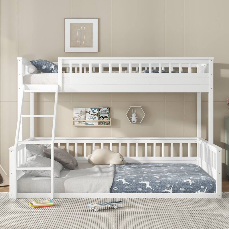 Roomfitters Twin XL over Queen Bunk Bed with Ladder and Safety Guardrails, Space-Saving Wood Frame, White