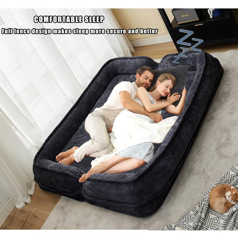 Pet Friendly Lazy Loveseat Sofa 2-in-1 Chenille Floor Couch Double Human Sleeper Bed with 5 Adjustable Position, Plump Pillows